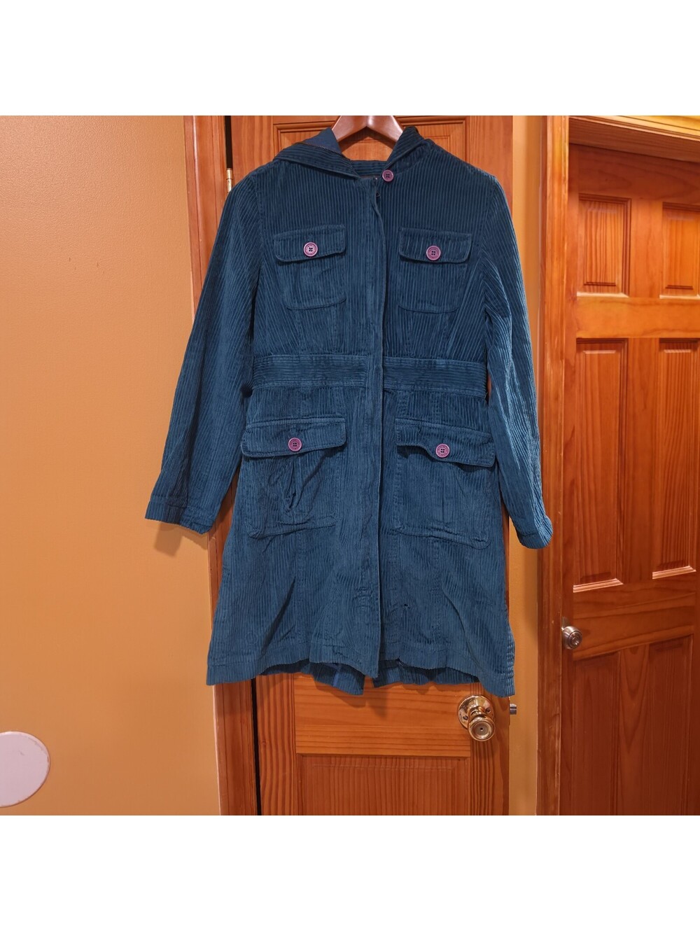 Bandolino Teal Blue Corduroy Hooded Jacket Coat Women's Size M Mid Length Y2K